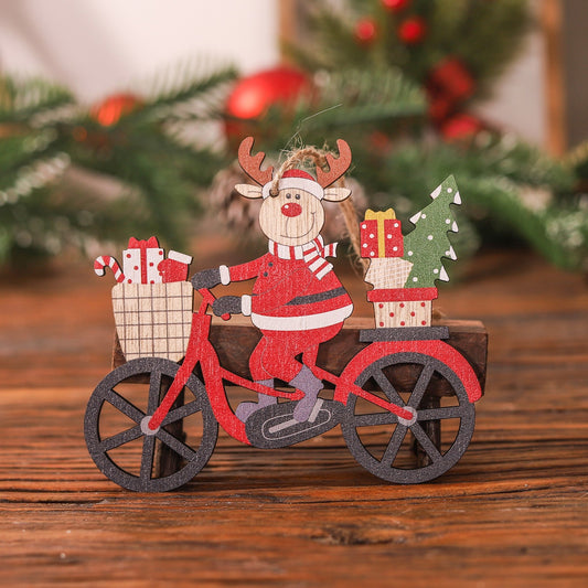 Decoratiune de Craciun din Lemn, cu Snur pentru Agatare in Brad, Model Ren pe Bicicleta, 10.3x11.5x0.5 cm, Multicolor