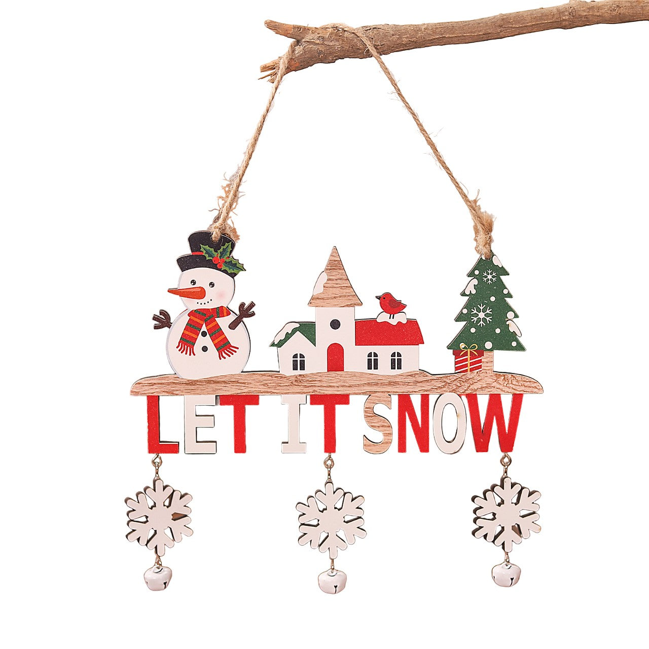 Decoratiune de Craciun din Lemn,  cu Snur pentru Agatare in Brad, Model Om de Zapada, Scris Let It Snow, 21.9x19 cm, Multicolor