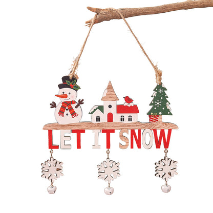 Decoratiune de Craciun din Lemn,  cu Snur pentru Agatare in Brad, Model Om de Zapada, Scris Let It Snow, 21.9x19 cm, Multicolor