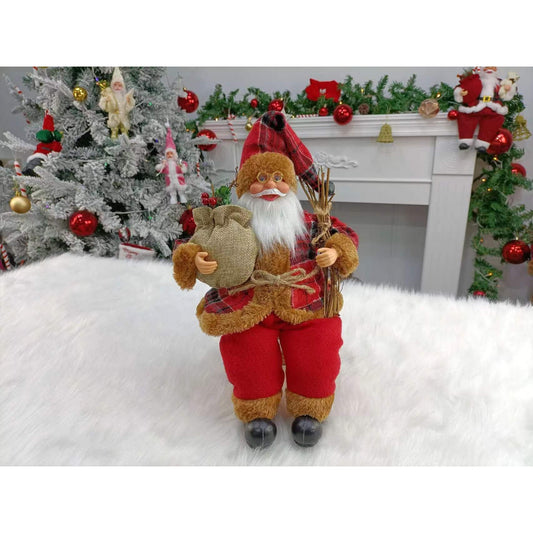Mos Craciun Asezat cu Surcele la Brat, 35 x 18 x 20 cm, Material Plastic+Textil, Interior/Exterior, Rosu/Maro