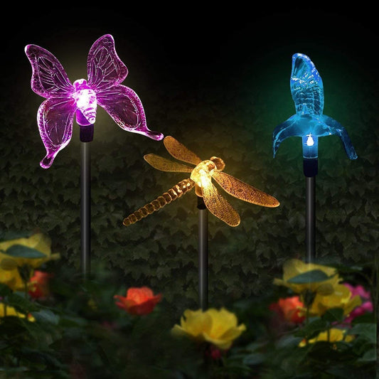 Set 3 Lampi Solare LED tip pasare-fluture-libelula, Inaltime 43 cm, Multicolor