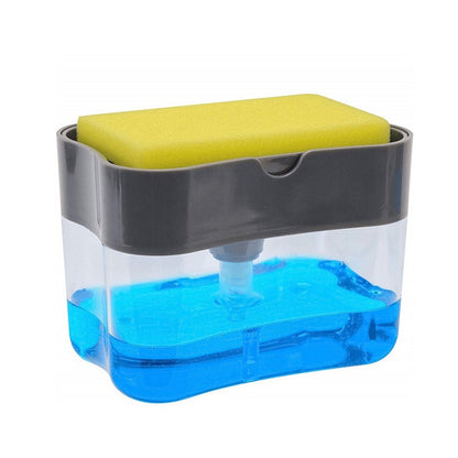 Dozator , Dispenser 2 in 1 pentru Detergent Lichid de Vase sau pentru Obiecte Sanitare cu Suport pentru Burete de Bucatarie ,14 x 10.5 x 10 cm, capacitate 380 ml, gri