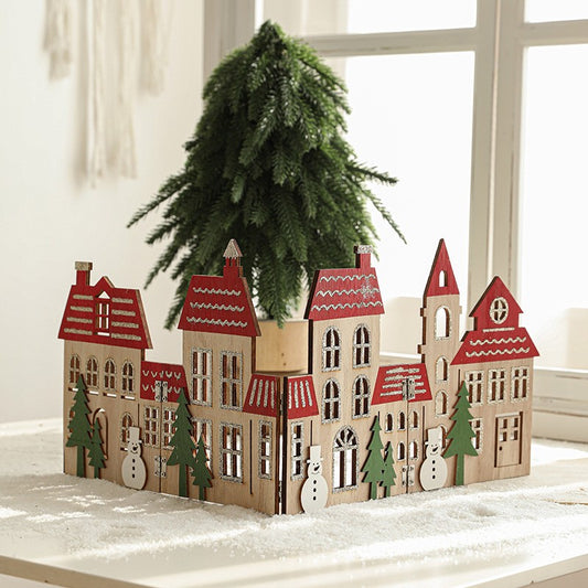 Decoratiune de Craciun,Model Orasel de Craciun pentru Brad, in stil European, Pliabil din Lemn, 57 x 20 cm, Maro Natur Rosu