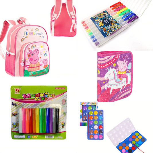 Ghiozdan Peppa Pig Echipat cu Penar + Acuarele + Set pixuri cu gel + Plastelina 6 ani +