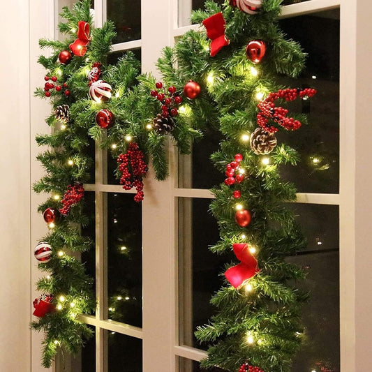 Ghirlanda de Craciun, din Brad Artificial cu Decoratiuni, cu Baterii, 30 LED-uri, 180 cm, Verde