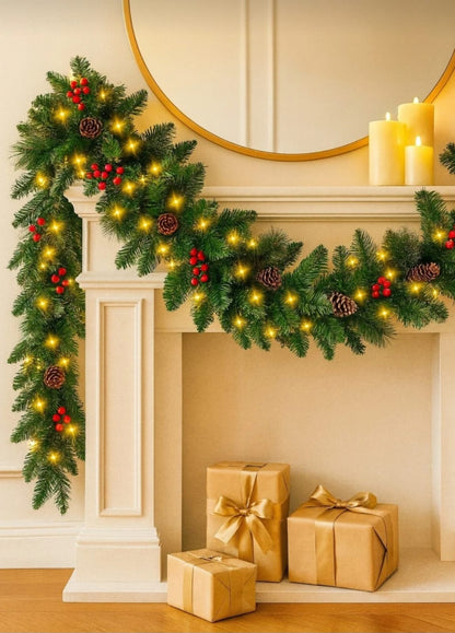 Ghirlanda de Craciun, Crengute de brad, merisoare, conuri si instalatie, 1.8M