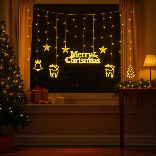 Instalație de Crăciun 10 m, Model Perdea, cu Lumină LED Alb Cald și Decorațiune 32x12 cm, Conectabilă în Serie