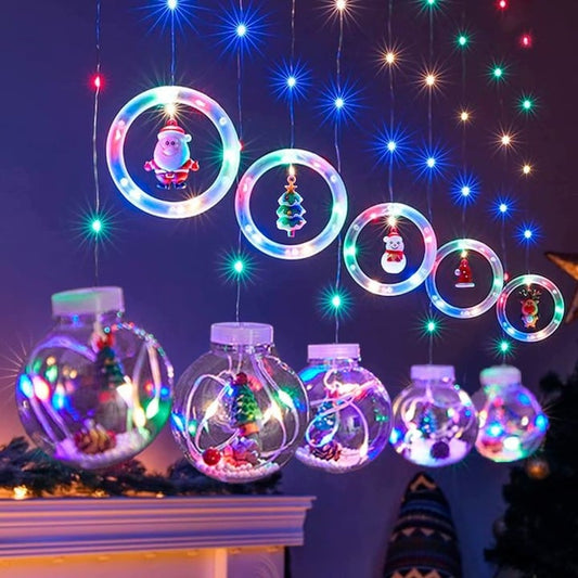 Instalatie de Craciun, Tip Perdea Luminoasa, 5 globuri si 5 cercuri, LED, Multicolor, 3M