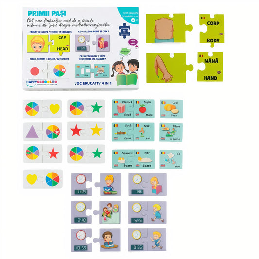 Joc Educativ 4 în 1 Primii Pasi Partile Corpului, Cat este Ceasul Forme si Culori, 3 ani +