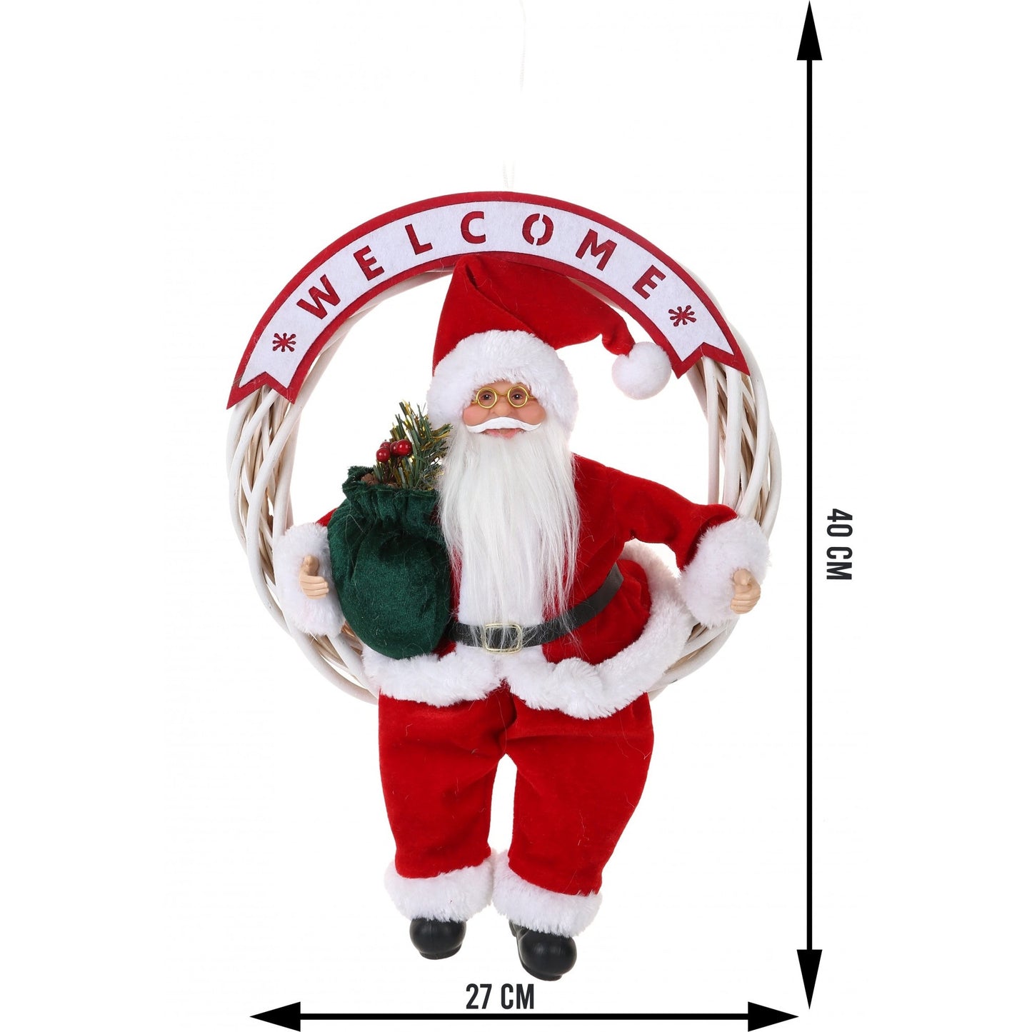 Jucarie decorativa, Mos Craciun, 40 cm x 27 cm, grosime 12 cm, lana, tesatura de plus, poliester, interior/exterior