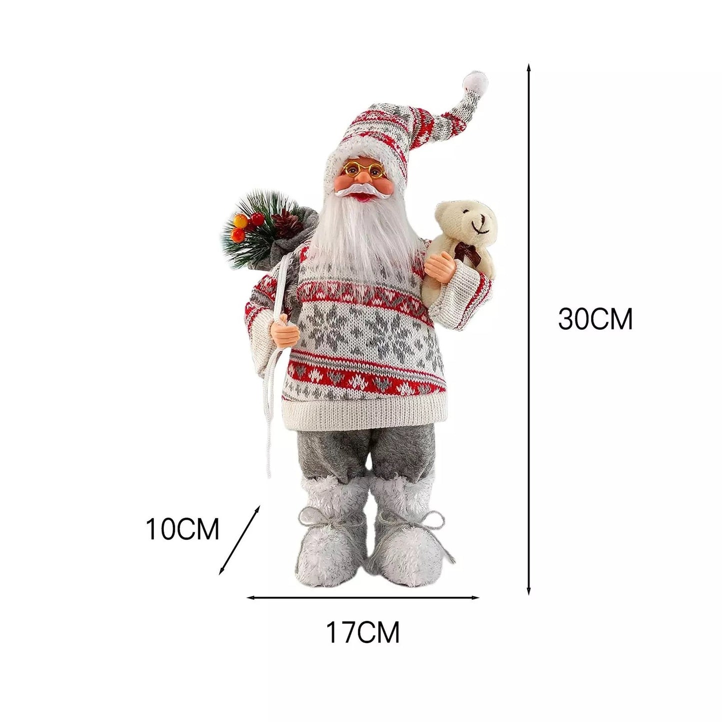 Mos Craciun cu Flori si Urs, 30 x 17 x 10 cm, Material Plastic+Textil, Interior/Exterior, Rosu