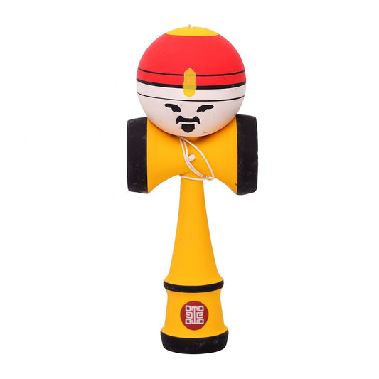 Jucarie Interactiva Kendama Rege, din Lemn, 18 cm, Joc de Indemanare pentru Copii si Adulti, Model Bicolor cu Maner Galben, Rosu Alb