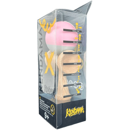 Jucarie Interactiva Kendama X Profesionala,  Lemn cu Bila cu Invelis din Cauciuc, 18 x 6 x 7 cm, pentru Copii si Adulti, Roz / Gri