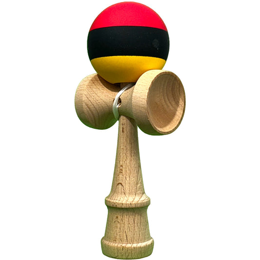 Jucarie Interactiva Kendama Profesionala,din Lemn, 18 cm, Joc de Indemanare pentru Copii si Adulti, Multicolor Rosu Negru Galben