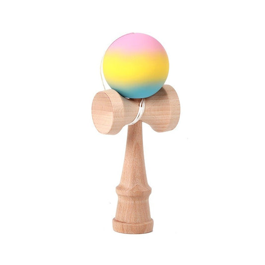 Jucarie Interactiva Kendama, din Lemn, 18 cm, Joc de Indemanare pentru Copii si Adulti, Model Gradient 2, Roz/Galben/Albastru