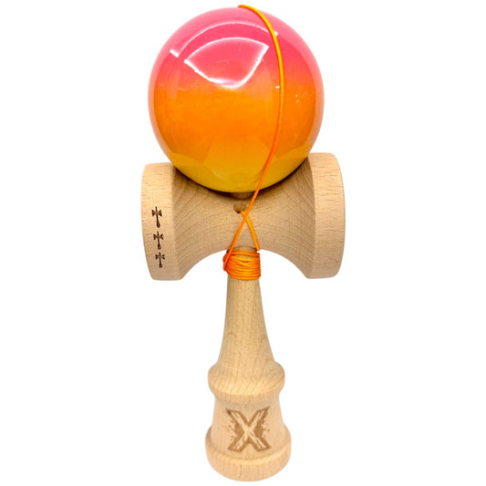 Jucarie Kendama X Originala, Profesionala, Big Cups V2, Super Sticky din Lemn, 18 cm, Gradient Roz/Portocaliu/Galben