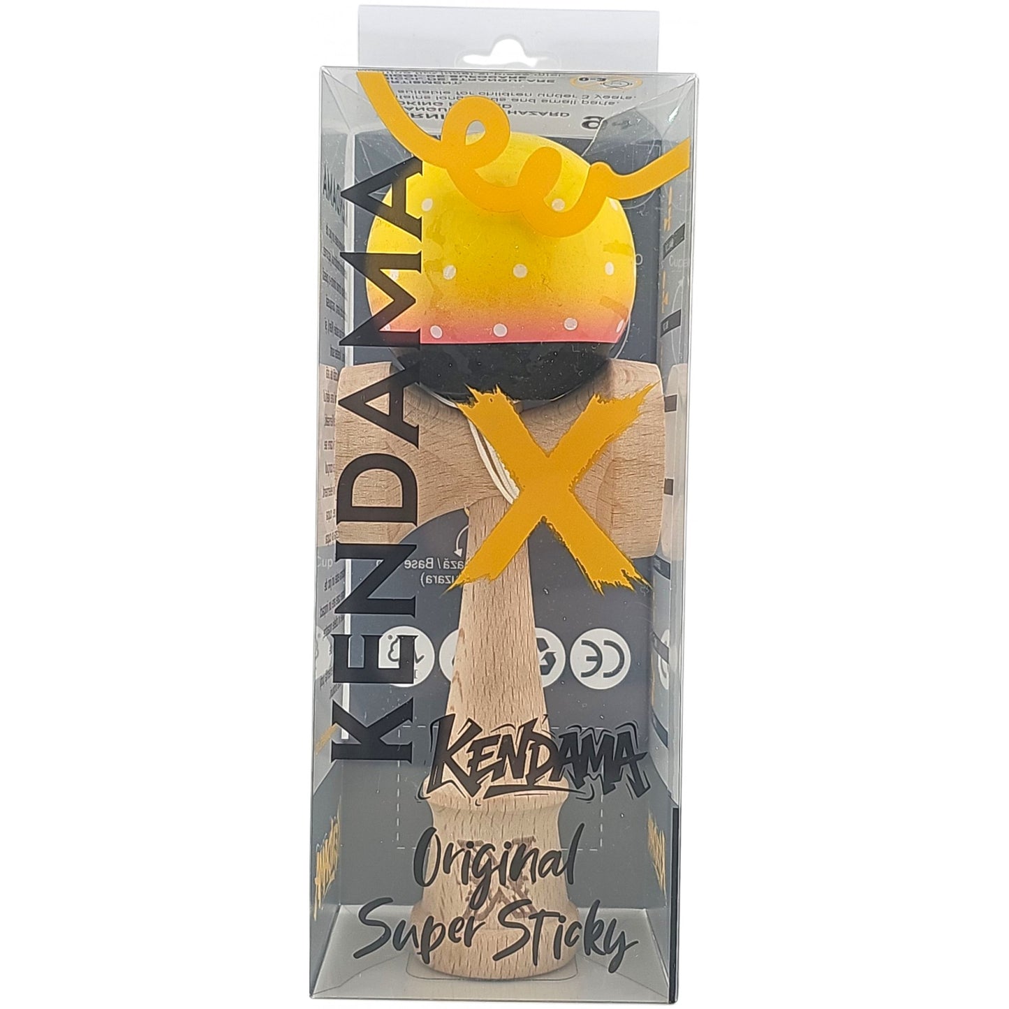 Kendama X Originala, Profesionala, din Lemn, Super Sticky, 18 cm, Galben/Roz/Negru
