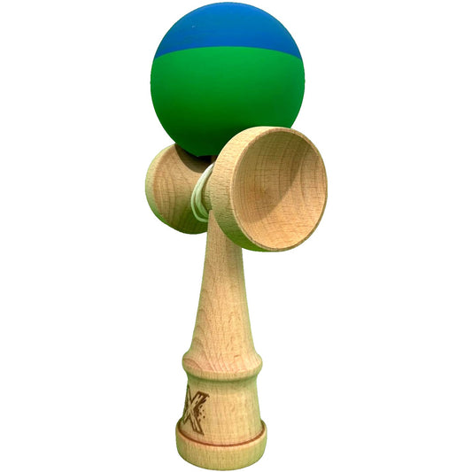 Jucarie Kendama X Originala, Profesionala,  din Lemn, Rubber Grip, 18 cm, Albastru/Verde
