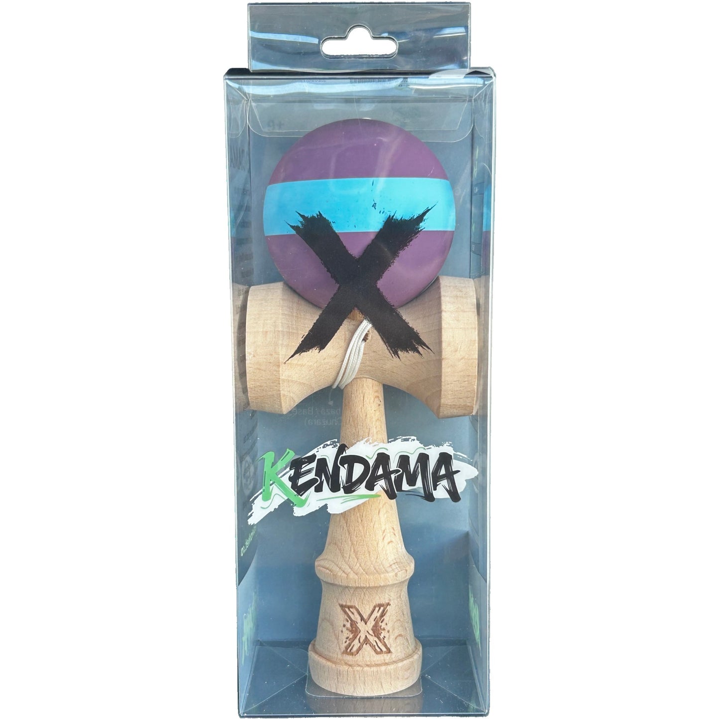 Jucarie Kendama X Originala, Profesionala, din Lemn, Rubber Grip, 18 cm, Mov/Albastru