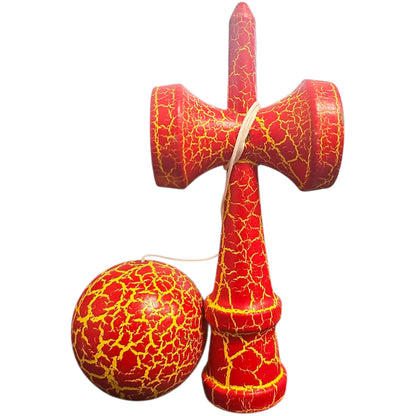 Kendama X Originala, Profesionala, Cracked, din Lemn, 18 cm, Rosu/Galben