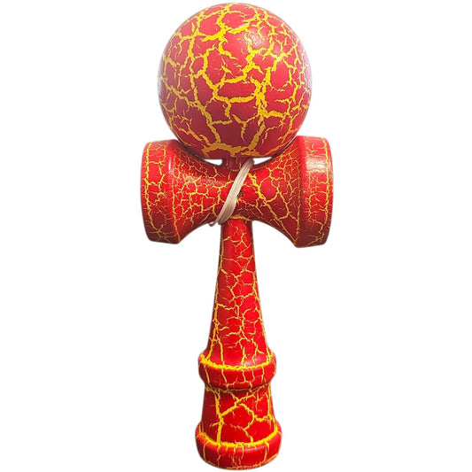 Kendama X Originala, Profesionala, Cracked, din Lemn, 18 cm, Rosu/Galben
