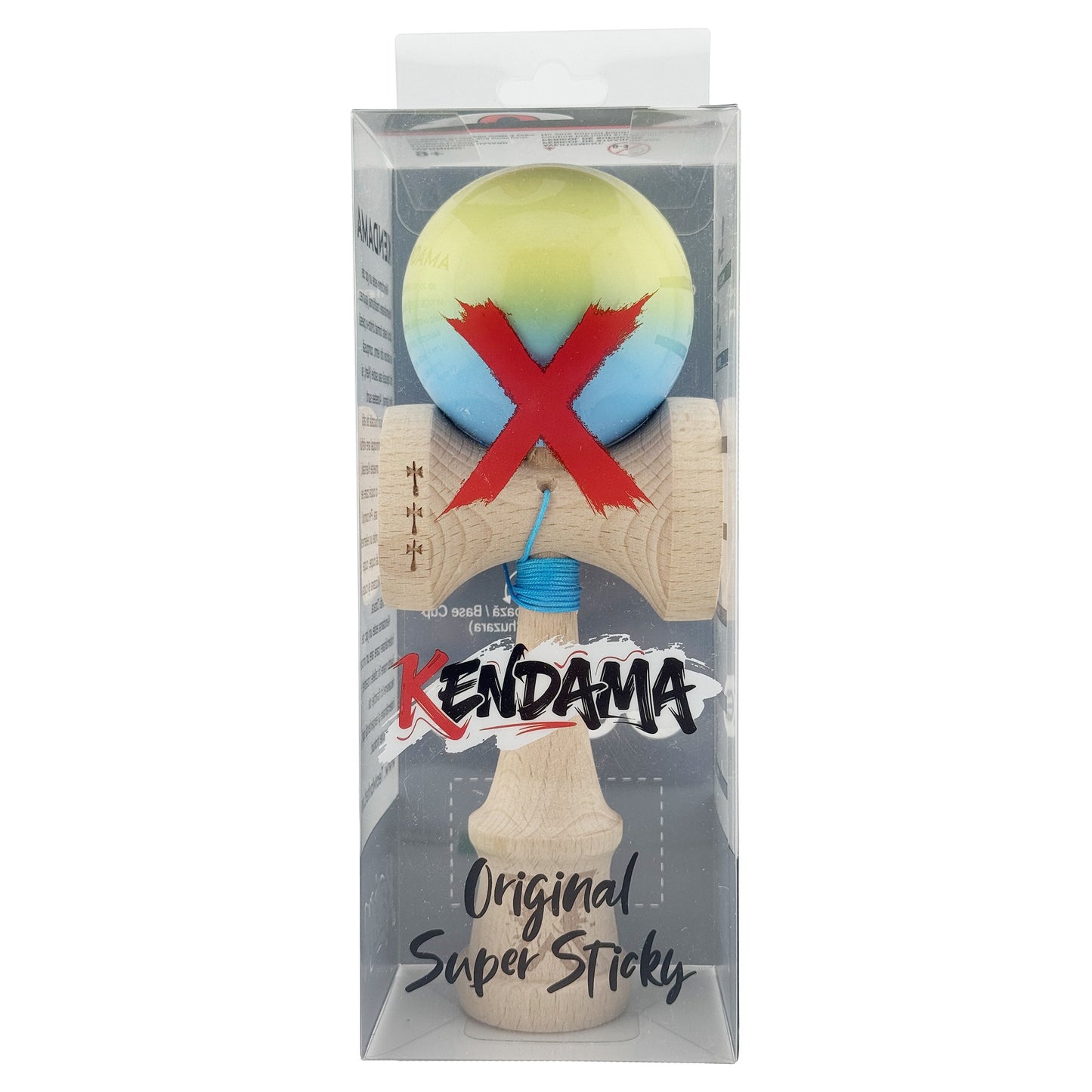 Kendama X Originala, Profesionala, Big Cups V2, Super Sticky cu Cupe Mari, din lemn 18 cm, Rulment Metalic cu Ata 55 cm, Galben/Albastru