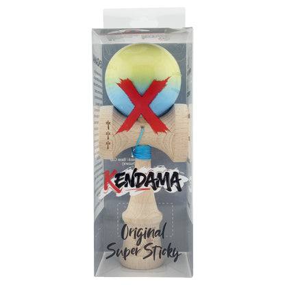 Kendama X Originala, Profesionala, Big Cups V2, Super Sticky cu Cupe Mari, din lemn 18 cm, Rulment Metalic cu Ata 55 cm, Galben/Albastru