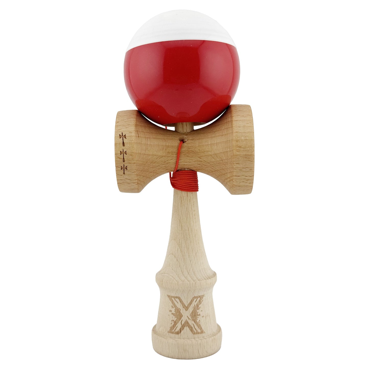Kendama X Originala, Profesionala,Big Cups V2, Super Sticky cu Cupe Mari, Rulment Metalic, din lemn 18 cm, Ata 55 cm, Alb/Rosu