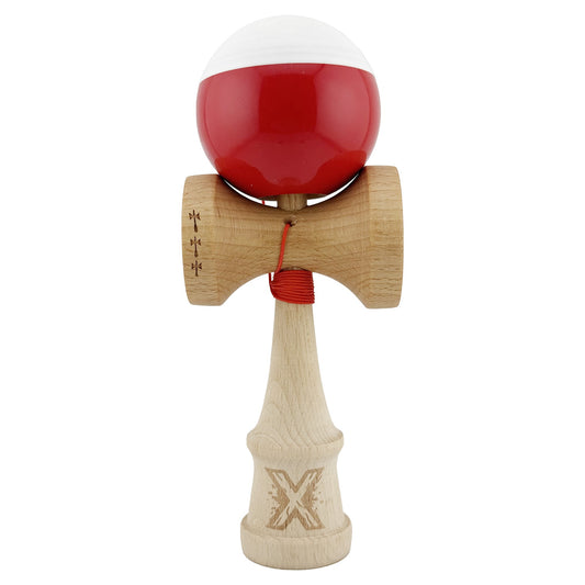 Kendama X Originala, Profesionala,Big Cups V2, Super Sticky cu Cupe Mari, Rulment Metalic, din lemn 18 cm, Ata 55 cm, Alb/Rosu