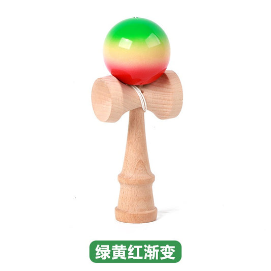 Jucarie Interactiva Kendama Profesionala, din Lemn, 18 cm, Joc de Indemanare pentru Copii si Adulti, Model 3 Gradient Verde Galben Rosu