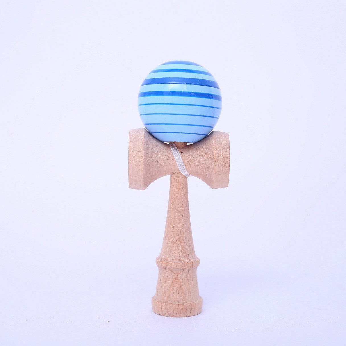 Jucarie Interactiva Kendama Profesionala, din Lemn, 18 cm, Joc de Indemanare pentru Copii si Adulti, Model 7 Dungi Albastru Albastru deschis