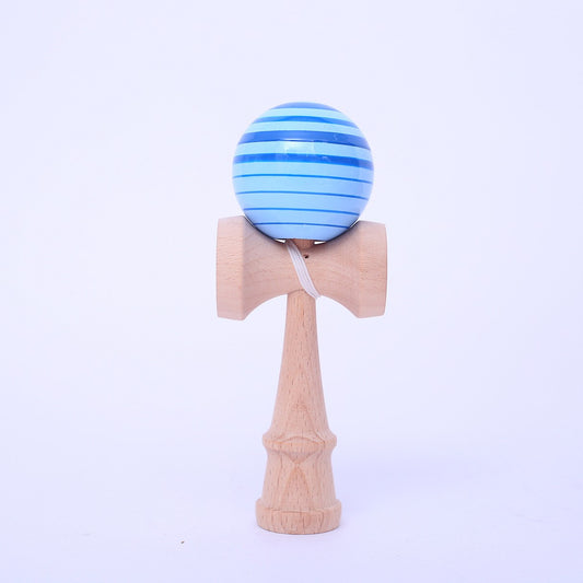 Jucarie Interactiva Kendama Profesionala, din Lemn, 18 cm, Joc de Indemanare pentru Copii si Adulti, Model 7 Dungi Albastru Albastru deschis