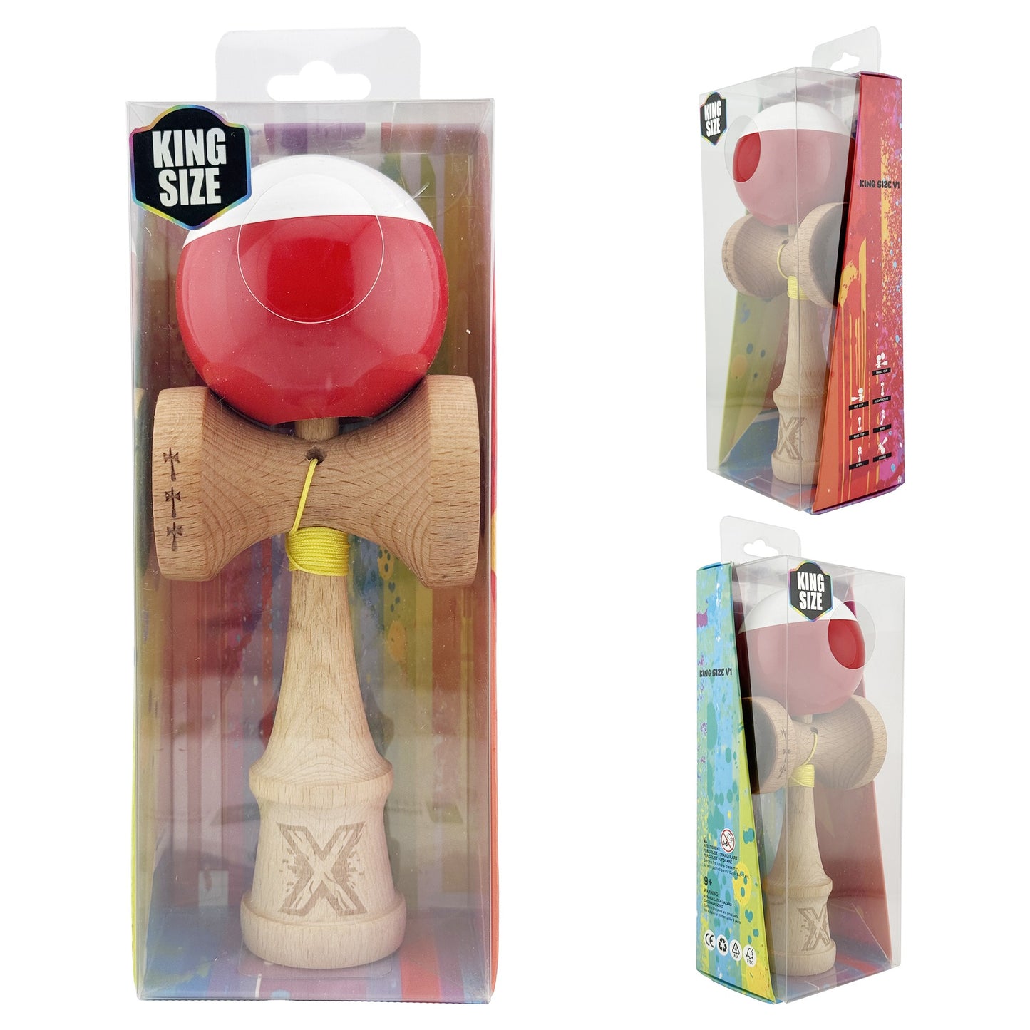 Kendama X Originala, Profesionala,Big Cups V2, Super Sticky cu Cupe Mari, Rulment Metalic, din lemn 18 cm, Ata 55 cm, Alb/Rosu