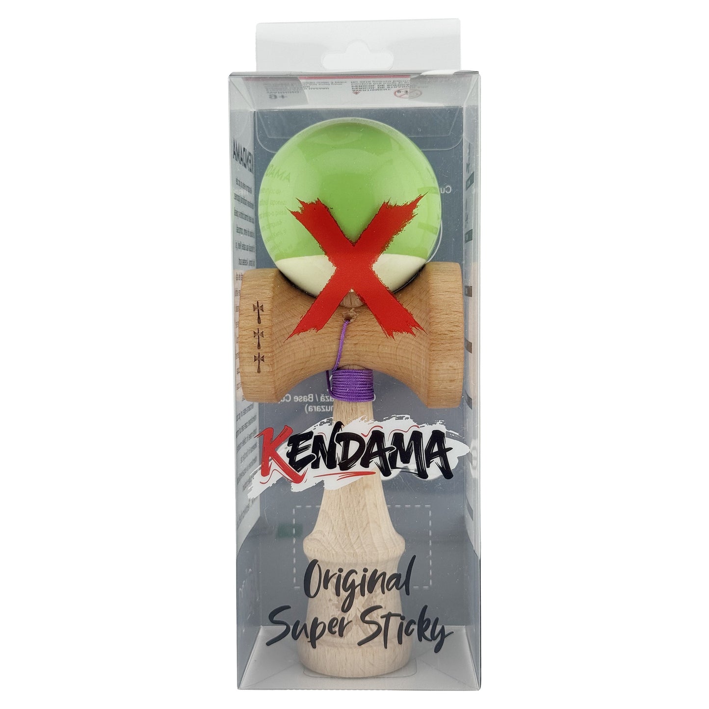 Kendama X Originala, Profesionala,  Big Cups V2, Super Sticky cu Cupe Mari, din lemn 18 cm, Rulment Metalic cu Ata 55 cm, Verde deschis/Alb