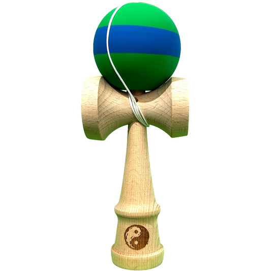 Kendama X Originala, Profesionala,18 cm, din Lemn, Rubber Grip, Verde/Albastru