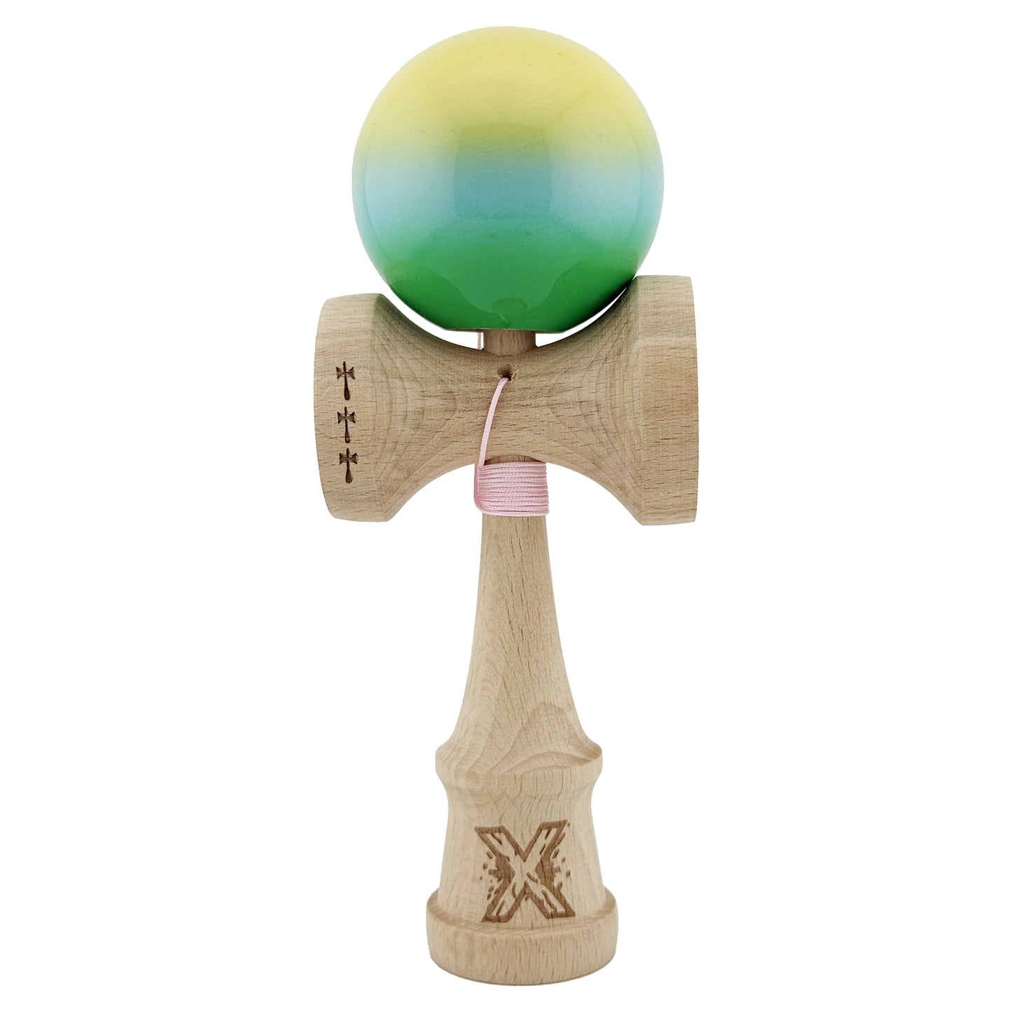 Kendama X Originala, Profesionala,  Big Cups V2, Super Sticky cu Cupe Mari, din lemn 18 cm, Rulment Metalic cu Ata 55 cm, Galben/Albastru/Verde