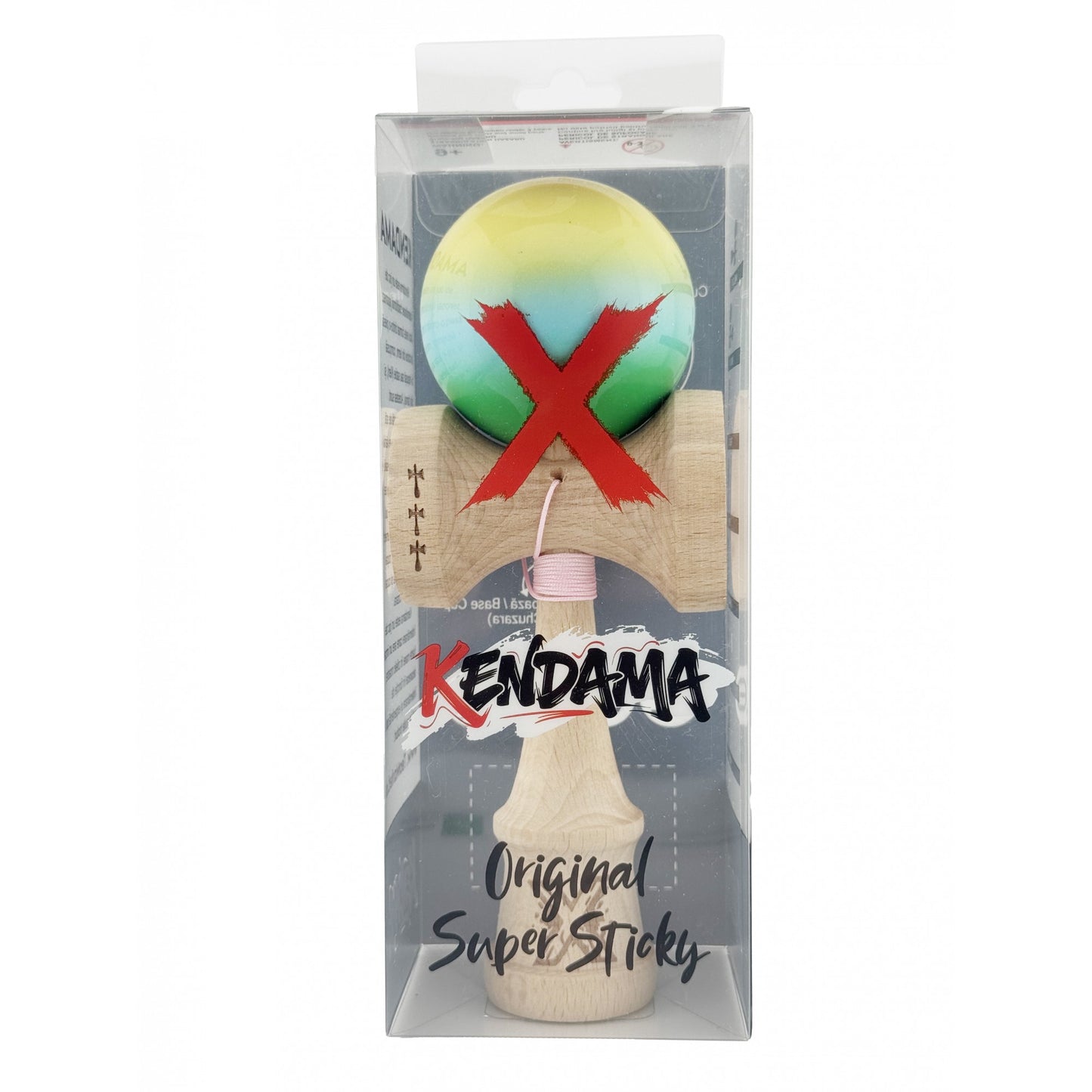 Kendama X Originala, Profesionala,  Big Cups V2, Super Sticky cu Cupe Mari, din lemn 18 cm, Rulment Metalic cu Ata 55 cm, Galben/Albastru/Verde