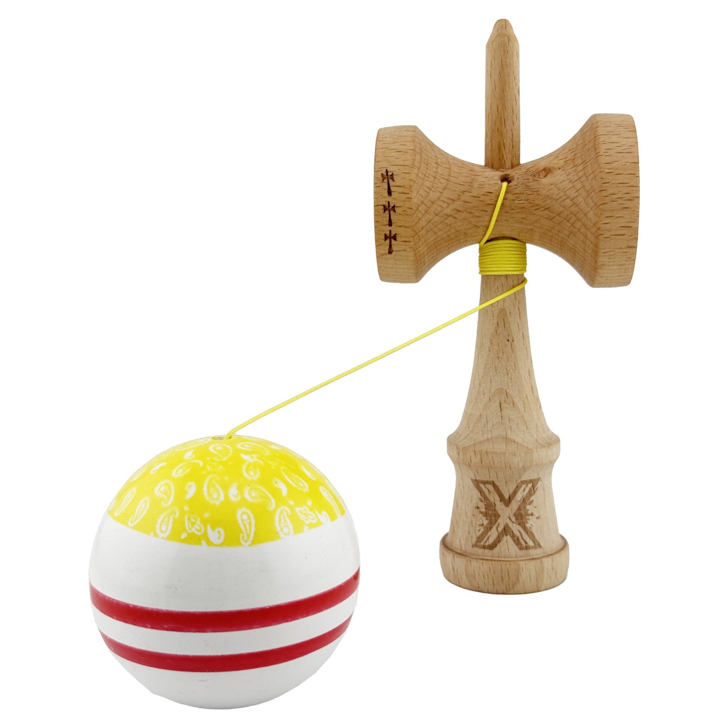 Kendama X CHICANOS Originala, Profesionala, Big Cups V2, Super Sticky cu Cupe Mari, Rulment Metalic, din lemn 18 cm, Ata 55 cm, Auriu/Alb