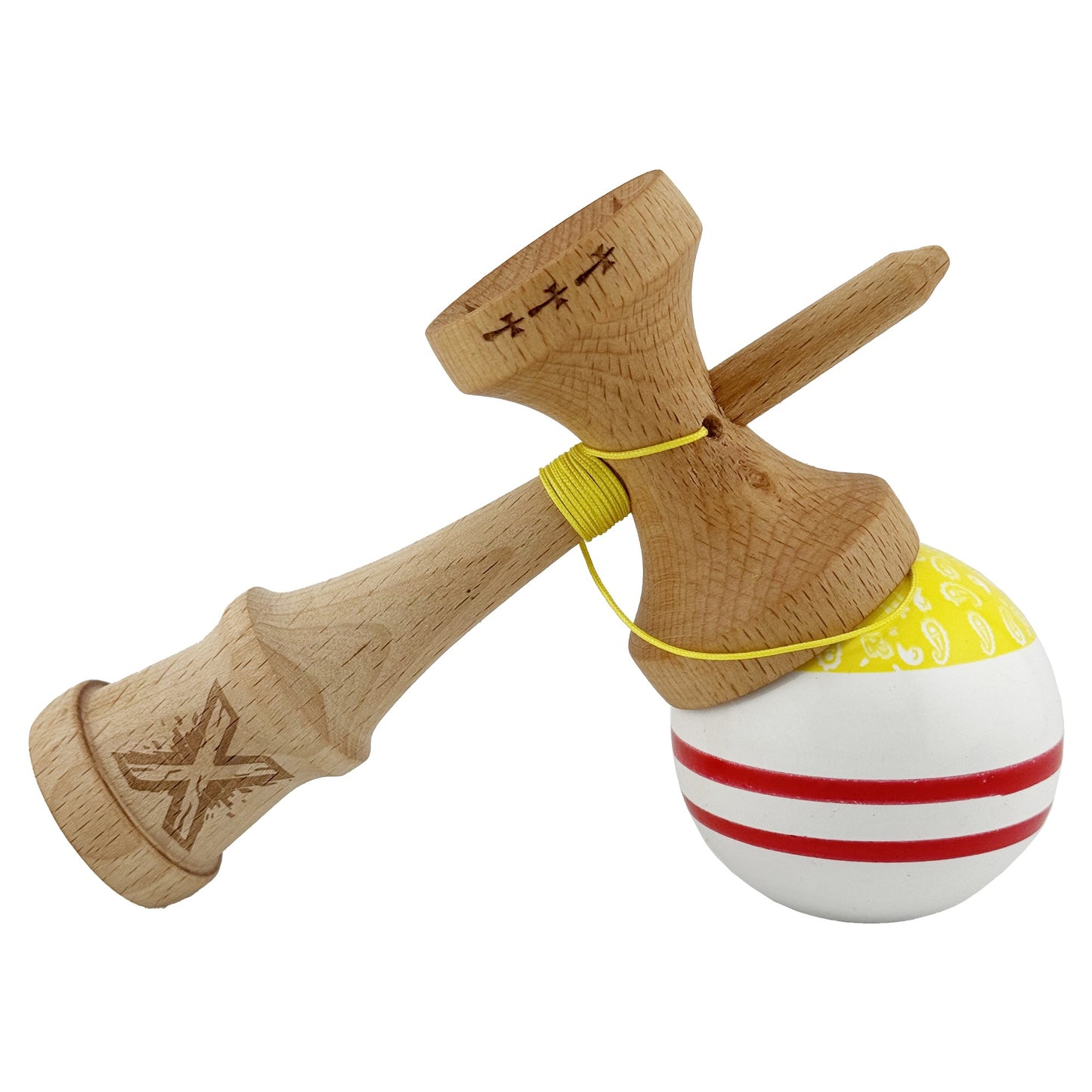 Kendama X CHICANOS Originala, Profesionala, Big Cups V2, Super Sticky cu Cupe Mari, Rulment Metalic, din lemn 18 cm, Ata 55 cm, Auriu/Alb