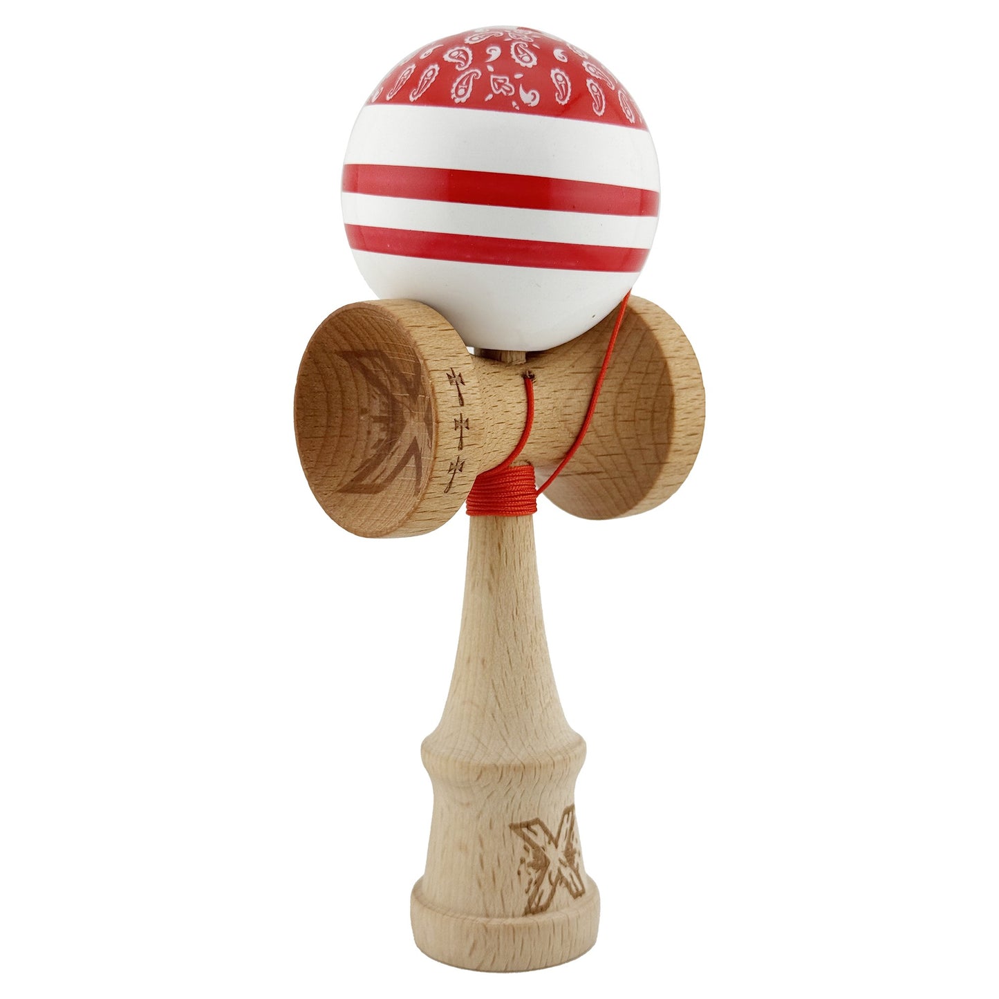 Kendama X CHICANOS Originala, Profesionala,Big Cups V2, Super Sticky cu Cupe Mari, Rulment Metalic, din lemn 18 cm, Ata 55 cm, Rosu/Alb