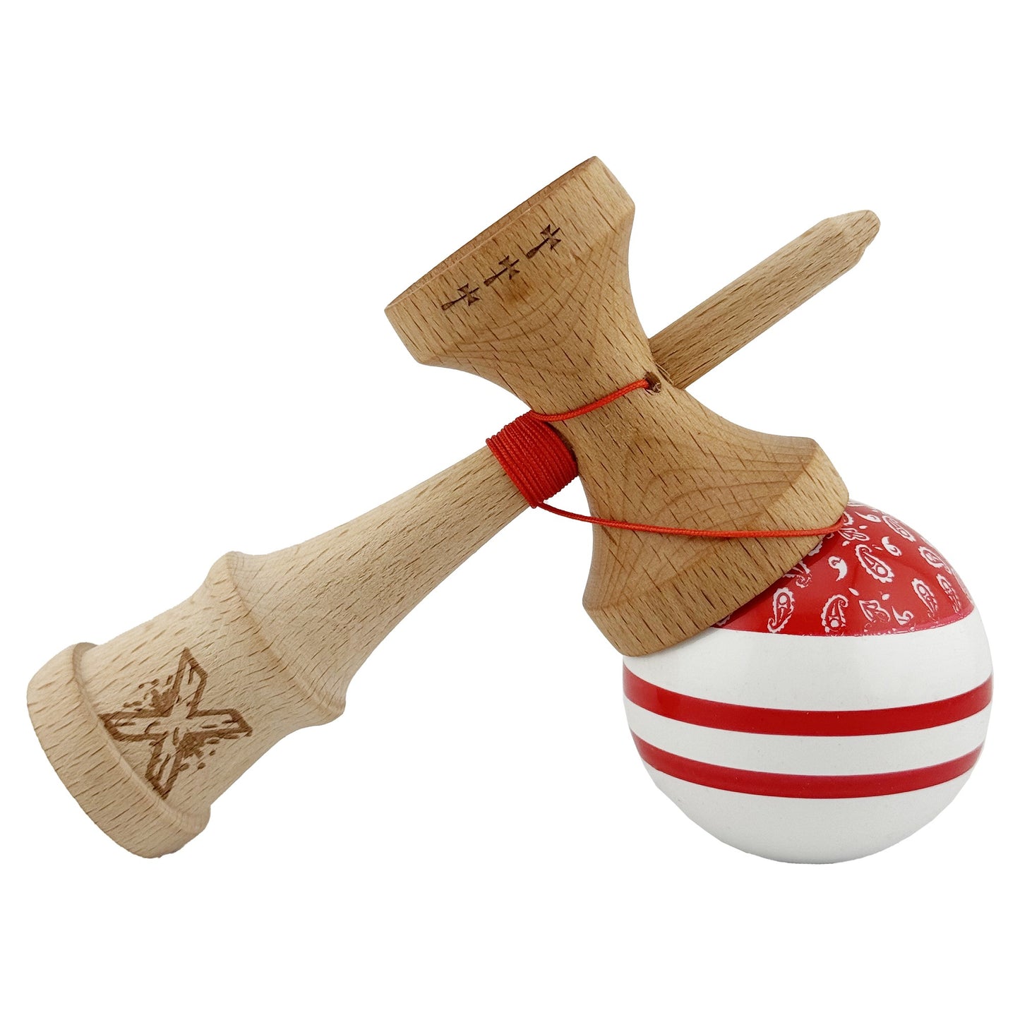 Kendama X CHICANOS Originala, Profesionala,Big Cups V2, Super Sticky cu Cupe Mari, Rulment Metalic, din lemn 18 cm, Ata 55 cm, Rosu/Alb