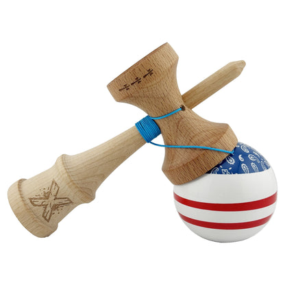 Kendama X CHICANOS Originala, Profesionala,  Big Cups V2, Super Sticky cu Cupe Mari, Rulment Metalic, din lemn 18 cm, Ata 55 cm, Albastru/Alb
