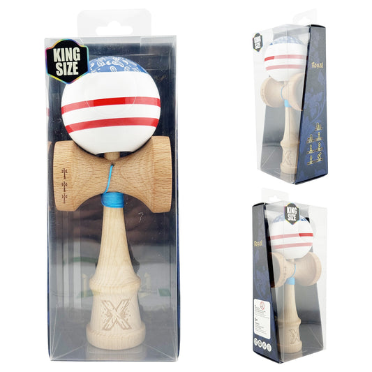 Kendama X CHICANOS Originala, Profesionala,  Big Cups V2, Super Sticky cu Cupe Mari, Rulment Metalic, din lemn 18 cm, Ata 55 cm, Albastru/Alb