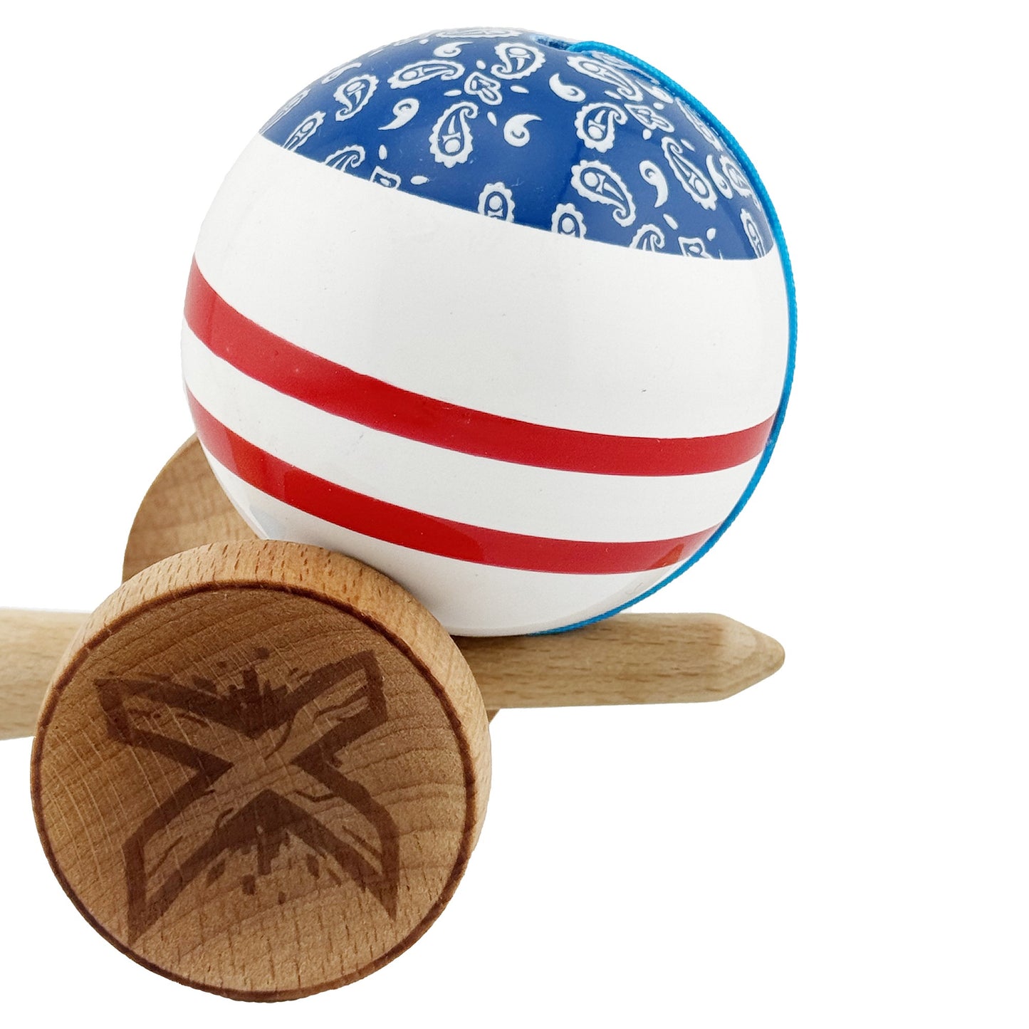 Kendama X CHICANOS Originala, Profesionala,  Big Cups V2, Super Sticky cu Cupe Mari, Rulment Metalic, din lemn 18 cm, Ata 55 cm, Albastru/Alb