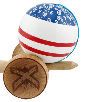 Kendama X CHICANOS Originala, Profesionala,  Big Cups V2, Super Sticky cu Cupe Mari, Rulment Metalic, din lemn 18 cm, Ata 55 cm, Albastru/Alb