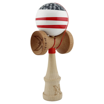 Kendama X CHICANOS Originala, Profesionala, Big Cups V2, Super Sticky cu Cupe Mari, Rulment Metalic, din lemn 18 cm, Ata 55 cm, Negru/Alb
