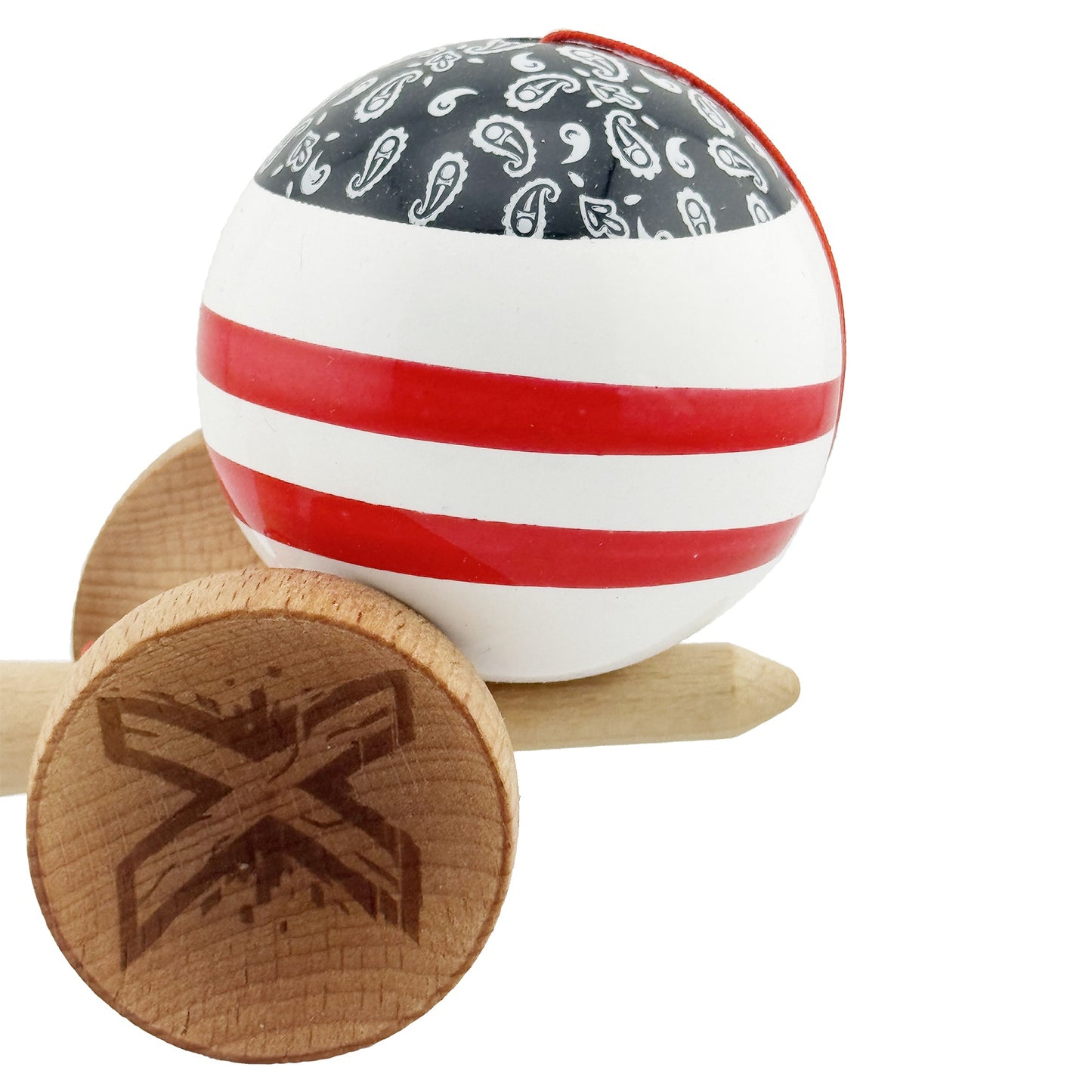Kendama X CHICANOS Originala, Profesionala, Big Cups V2, Super Sticky cu Cupe Mari, Rulment Metalic, din lemn 18 cm, Ata 55 cm, Negru/Alb
