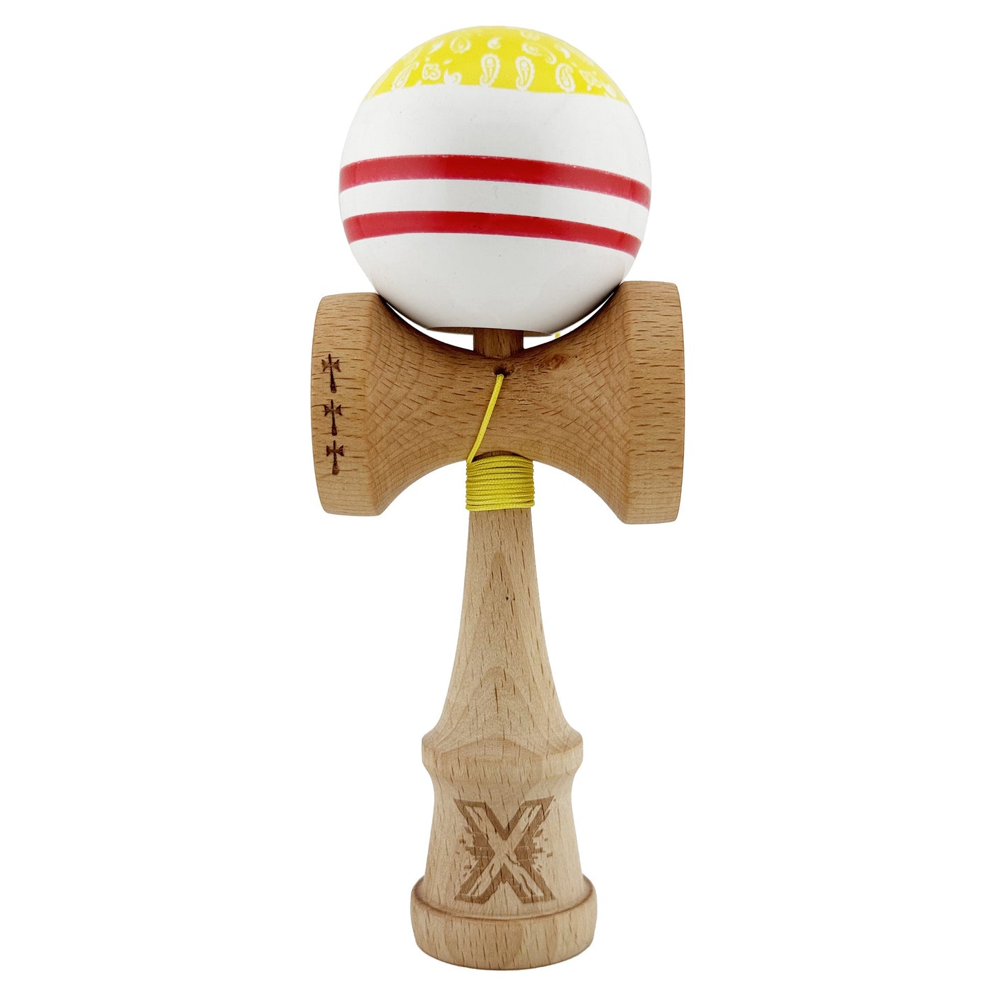 Kendama X CHICANOS Originala, Profesionala, Big Cups V2, Super Sticky cu Cupe Mari, Rulment Metalic, din lemn 18 cm, Ata 55 cm, Auriu/Alb