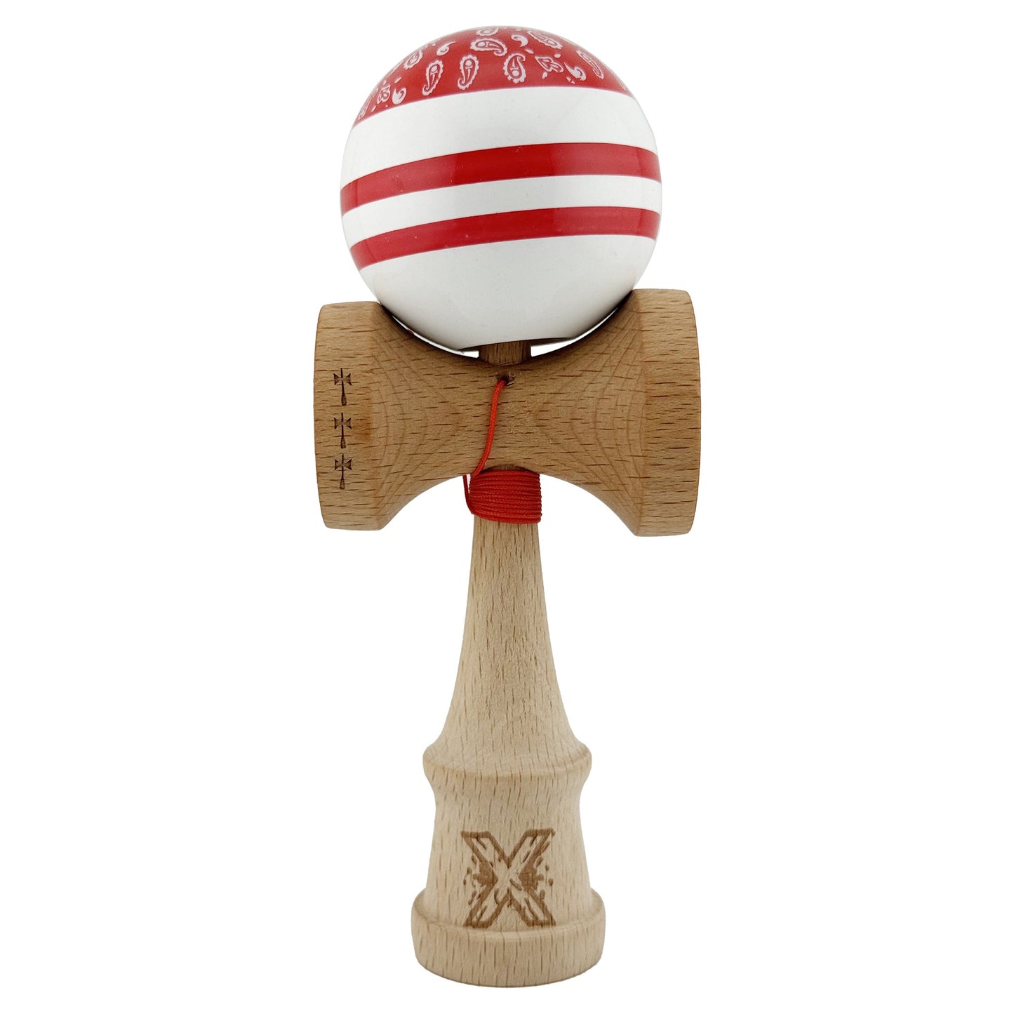 Kendama X CHICANOS Originala, Profesionala,Big Cups V2, Super Sticky cu Cupe Mari, Rulment Metalic, din lemn 18 cm, Ata 55 cm, Rosu/Alb