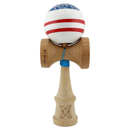 Kendama X CHICANOS Originala, Profesionala,  Big Cups V2, Super Sticky cu Cupe Mari, Rulment Metalic, din lemn 18 cm, Ata 55 cm, Albastru/Alb